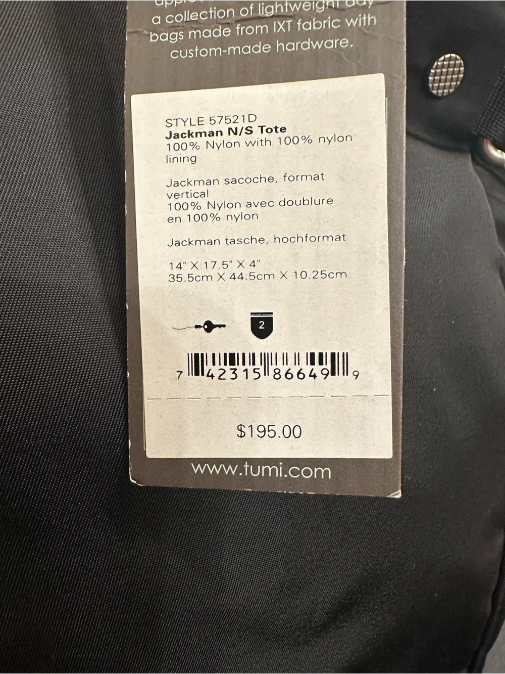 Tumi Tech Black Nylon Tote Bag